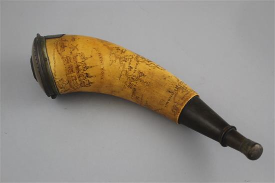 An American Revolution scrimshaw horn powder flask, 11in.